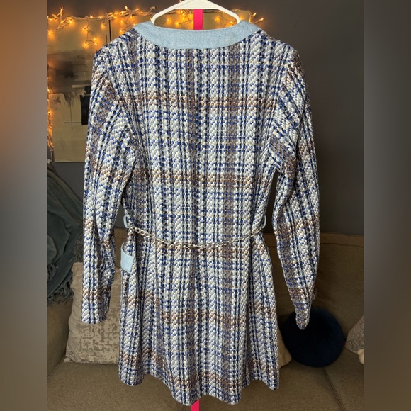 Zara Light Blue and Navy Plaid Tweed Cardigan Jacket size large - Picture 5 of 13